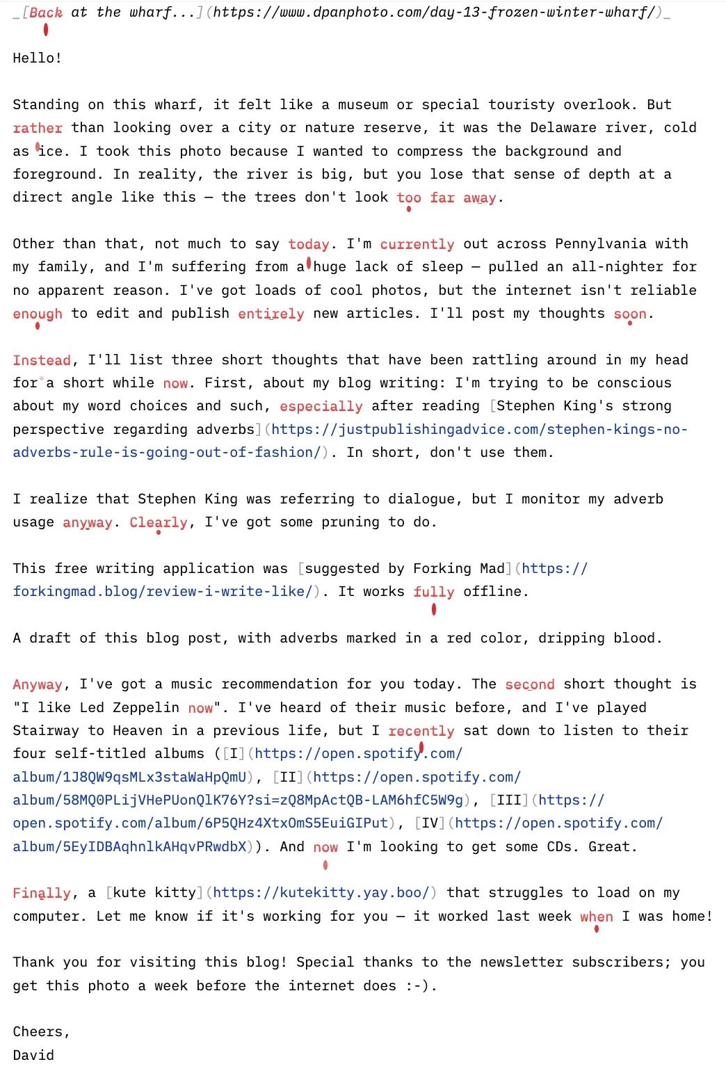 A draft of this blog post, with adverbs marked in a red color, dripping blood.