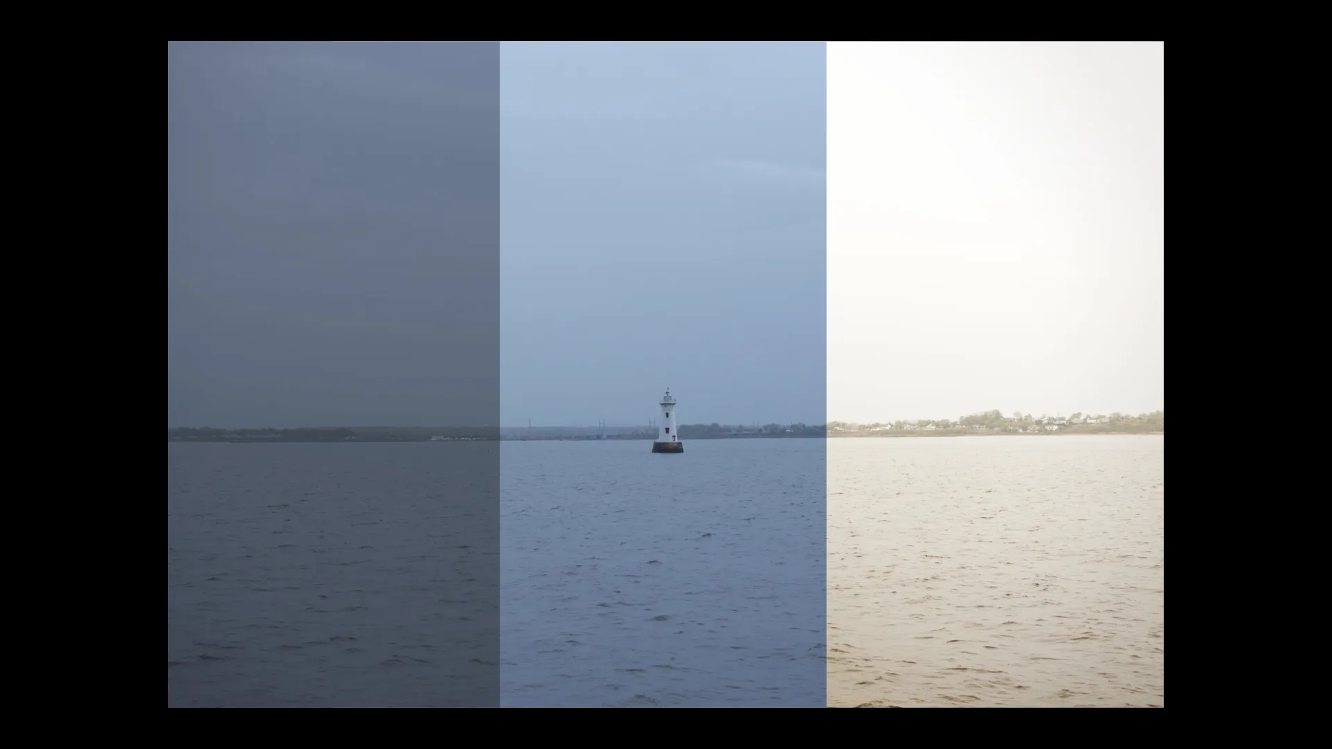 The left third is a muted blue, the middle third has the lighthouse in a more contrasty blue, and the right third is the finished version with bright browns.