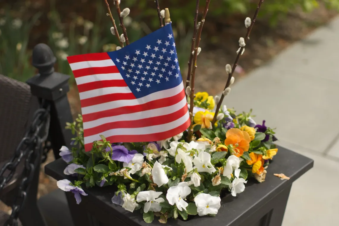 A small flag of the United States of America sits in a small collection of white, yellow, and blue flowers to the side of a stone path.