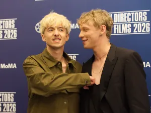Joe Bird, left, goofs around with Stacy Clausen, right, at the 55th New Directors / New Films opening night in the Museum of Modern Art.