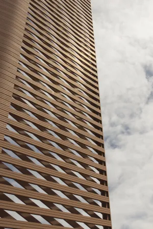 Strips of metal are constructed to form a pattern in front of the cloudy sky.