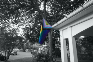 A 2021 Progress Pride flag points out from a white hut (right). The flag is the only object in color; everything else is in monochrome.